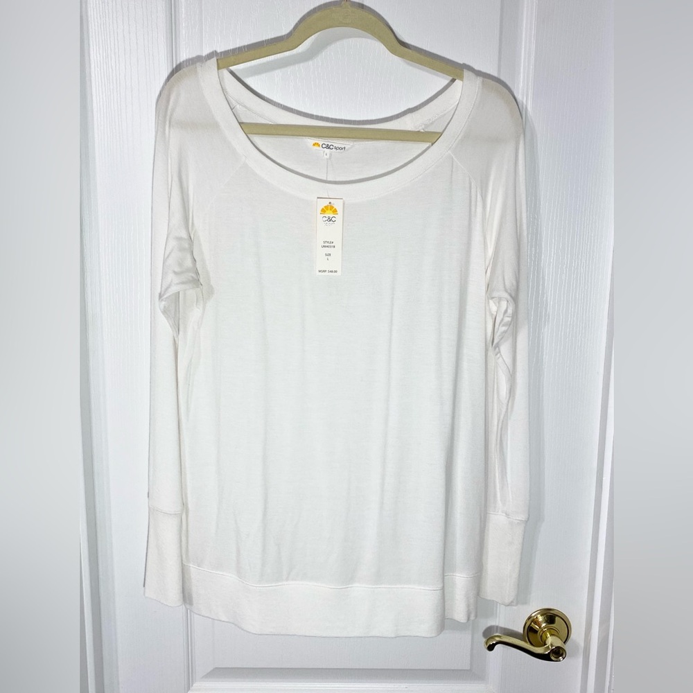 NWT Y2K C&C Wide Neck & Cuff Banded Hem Long Sleeve Modal Knit Top White Large
